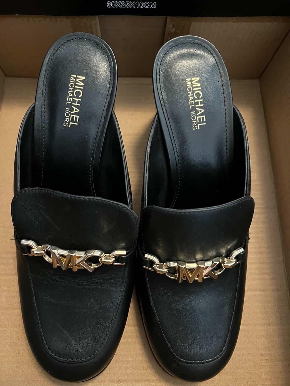 Michael Kors Black Leather Slip-On Mules with Gold MK Chain